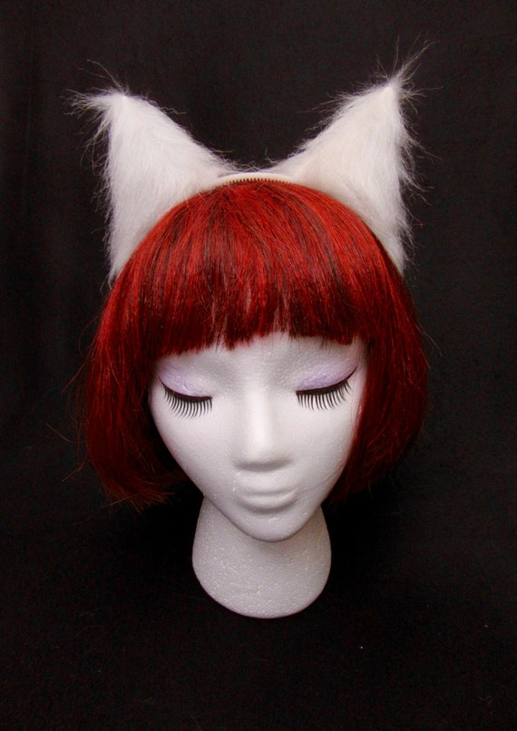 White Headband Ears Arctic Fox Wolf Cat Dog Kitten Realistic Long Faux Fur