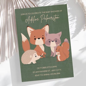 Animali della foresta per bambini Invito per baby shower, Inviti per seminatori modificabili con Canva digitale, Regalo per la nuova mamma, Carte per baby shower modificabili online