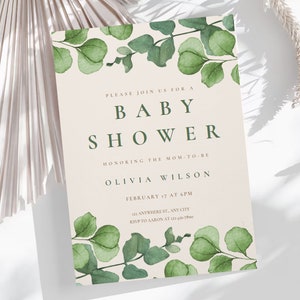 Invito per baby shower verde, inviti per seminatore modificabili Digital Canva, regalo per neo mamma, biglietti per baby shower modificabili online