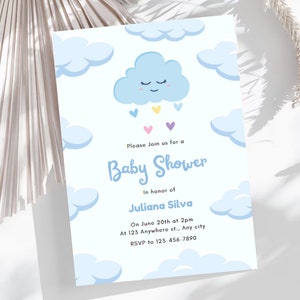 Invito per la doccia Baby Cloudy carino, Inviti per seminatori modificabili Canva digitale, Regalo per la nuova mamma, Carte doccia per bambini modificabili online