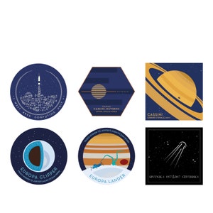 Set van Space Mission Patch vinyl sticker, vernieuwde ruimte missie patch, Jupiter Saturn manen, Sputnik, Hidden Figures / West Area Computers