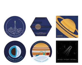Set of Space Mission Patch vinyl sticker, reimagined space mission patch, Jupiter Saturn moons, Sputnik, Hidden Figures/West Area Computers