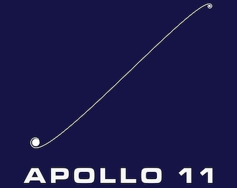 May include: A white line curves upward on a dark blue background, ending in a small circle. The text "APOLLO 11" is below the line, with the words "50TH ANNIVERSARY 1969-2019" below that.