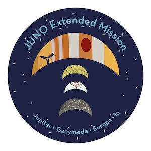 Ruimtesticker JUNO Extended Mission, vinylsticker, Jupiter en manen, geïnspireerd op patches van ruimtemissies