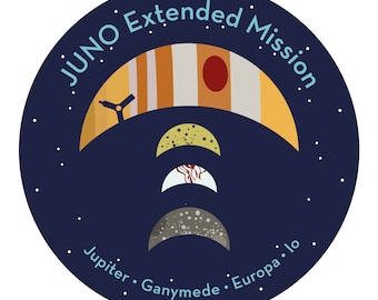 May include: A blue circle with white stars and the text "JUNO Extended Mission" in a white arc. Inside the circle is a stylized image of Jupiter with a spacecraft orbiting it. Below Jupiter are stylized images of Ganymede, Europa, and Io.