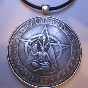 Morgan Liberty Silver Dollar Fantasy Hobo Coin 1881 Baphomet Pentagram Horned Goat Devil Head, PENDANT, 24 inches Leather Chord Necklace