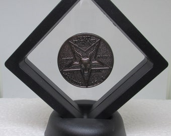 Framed with display stand, Lucifer Morning Star Satanic Pentecostal badge Coin
