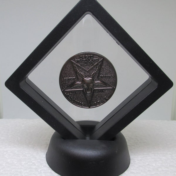 Framed with display stand, Lucifer Morning Star Satanic Pentecostal badge Coin