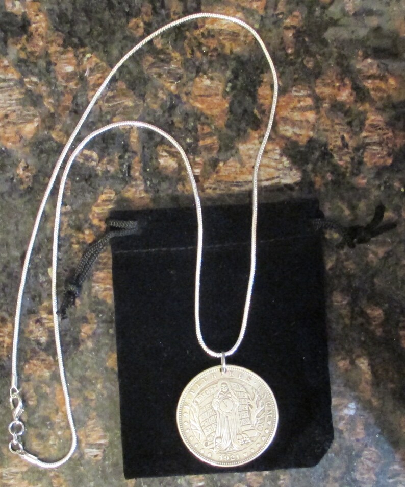 Sterling Silver Necklace Hobo Nickel Coin US 1921 Morgan Dollar With Santa Muerte holding a Clock