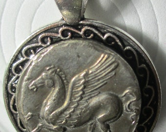 Pegasus the mythological winged horse Stater, ancient Greek coin pendant -Antique High Relief coin