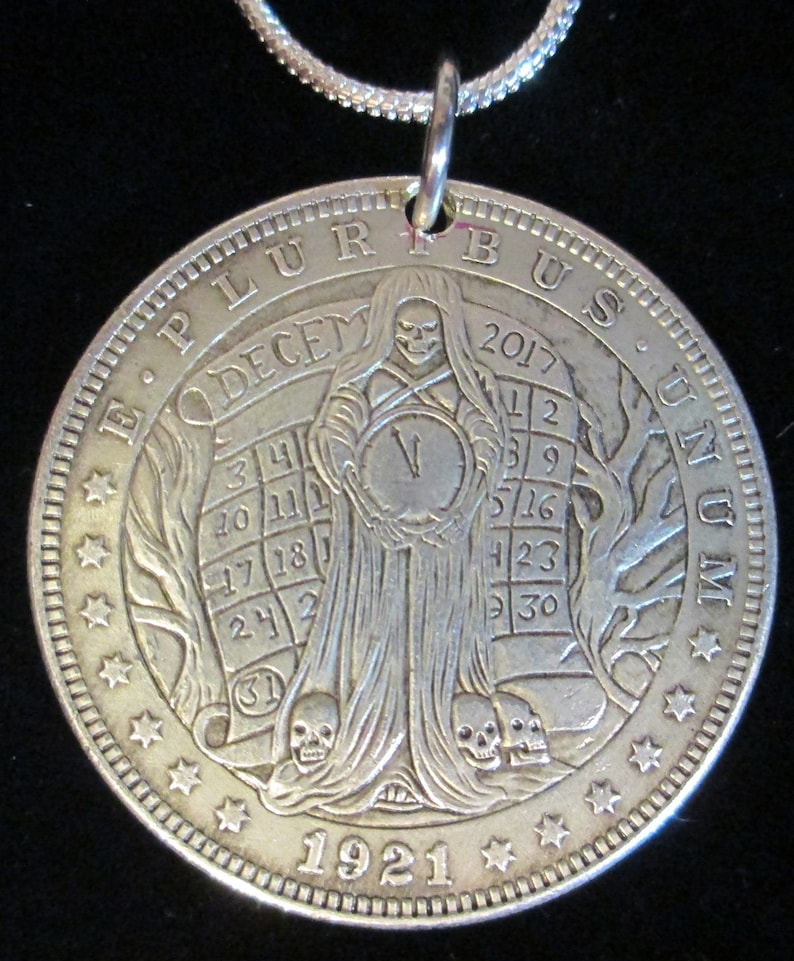Sterling Silver Necklace Hobo Nickel Coin US 1921 Morgan Dollar With Santa Muerte holding a Clock