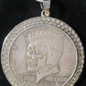 Hobo Creative 1974 Kennedy Silver Half Dollar skull , PENDANT, 24 inches Sterling Silver Necklace
