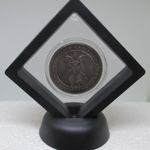 Framed with display stand, Hobo Nickel 1893 Morgan Dollar Devil Satan Lucifer