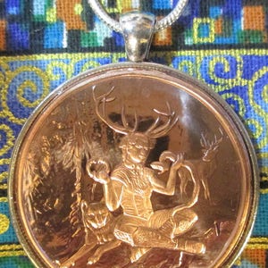 Celtic Lore: Cernunnos the Lord of the Wild Things – 24 Inch Sterling Silver Necklace, Copper Coin Pendant