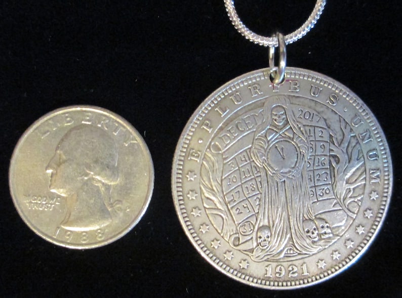 Sterling Silver Necklace Hobo Nickel Coin US 1921 Morgan Dollar With Santa Muerte holding a Clock