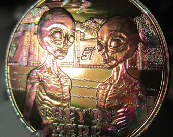 NEW Area 51 Aliens " They're Here " Art Toned Round 1 ounce .999 Fine Copper