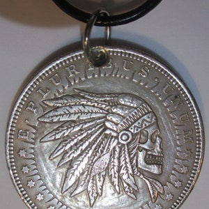 1921 Hobo Morgan Dollar Coin- Indian Chief Skull - Fantasy Coin - Skeleton!, 24 inches Leather Chord Necklace