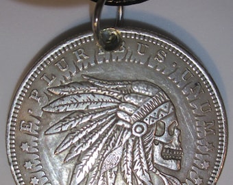 1921 Hobo Morgan Dollar Coin- Indian Chief Skull - Fantasy Coin - Skeleton!, 24 inches Leather Chord Necklace