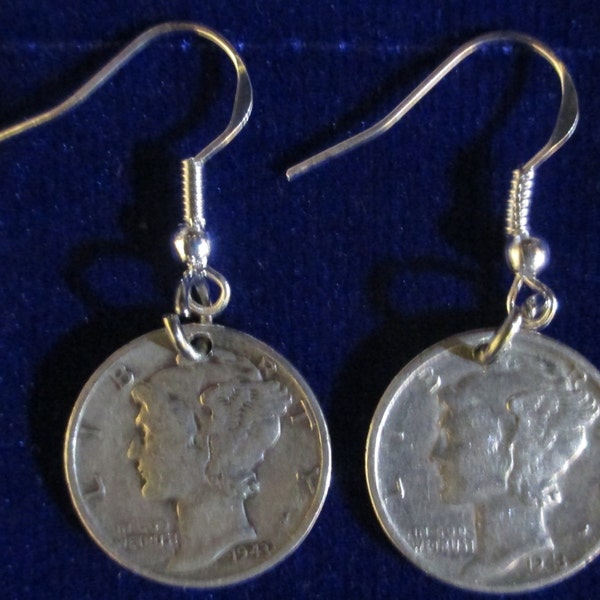 Mercury Dime (900 Silver) Earings with 925 Sterling Silver Earrings Hook Coil Ear Wires & Gift Bag