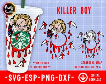 Vaso de cerveza fría Killer Boy Wrap Svg, vaso de cerveza fría Venti de película de terror de Halloween SVG, vaso de cerveza fría Venti de película de terror de 24 oz, archivos Svg, Png, DXF para Cricut