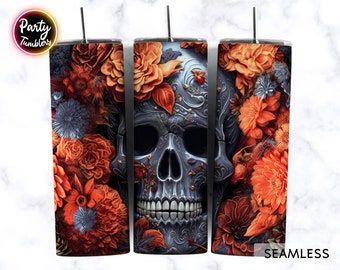 3D Gothic Skull Florals Tumbler Wrap 20 oz Sublimation Tumbler Design ,3D Halloween Flowers Tumbler , Straight / Tapered Designs Sublimation
