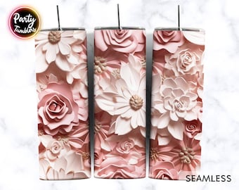 3D White Pink Flowers 20 oz Skinny Tumbler Sublimation Design , 3D Pink White Tumbler , Straight & Tapered Tumbler Wrap , Digital Download