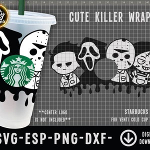 May include: A clear plastic Venti cold cup with a black and white "Cute Killer Wrap" design. The design features cartoon versions of horror movie characters and the Starbucks logo. The cup has a green straw and a white lid. Digital download.