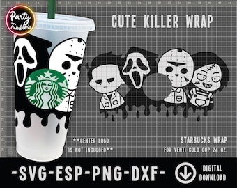 Lindo envoltorio SVG de película de terror para Starbucks, vaso frío Venti de 24 oz con envoltura completa para Halloween, SVG de personaje de terror, silueta, archivo SVG para Cricut