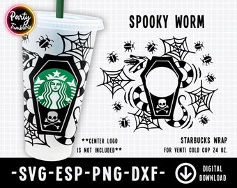 Copa fría de jugo de escarabajo Svg , Gusano de arena Halloween Full Wrap Venti Cold Cup 24oz Svg , Personaje de terror SVG , Silueta , Archivo SVG para Cricut