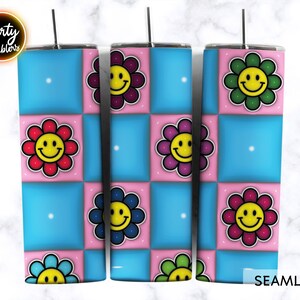3D Gonflé Rétro Daisy Tumbler Wrap Png, Puffy Retro Flowers Tumbler, 3D Smile Face Tumbler Design, Conceptions droites / coniques Sublimation