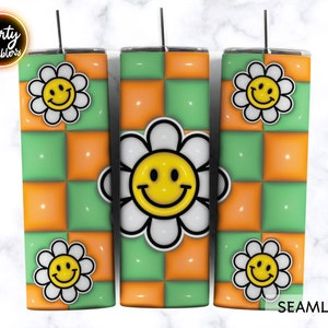 3D Smile Face Tumbler Wrap , 3D Gonflé Rétro Daisy Tumbler Wrap Png, Puffy Retro Flowers Tumbler, Conceptions droites / coniques Sublimation
