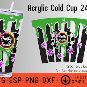 May include: A digital download design for a 24 ounce acrylic cold cup featuring a green slime design with black and white stripes, purple bugs, and the text "Party Tumblers".