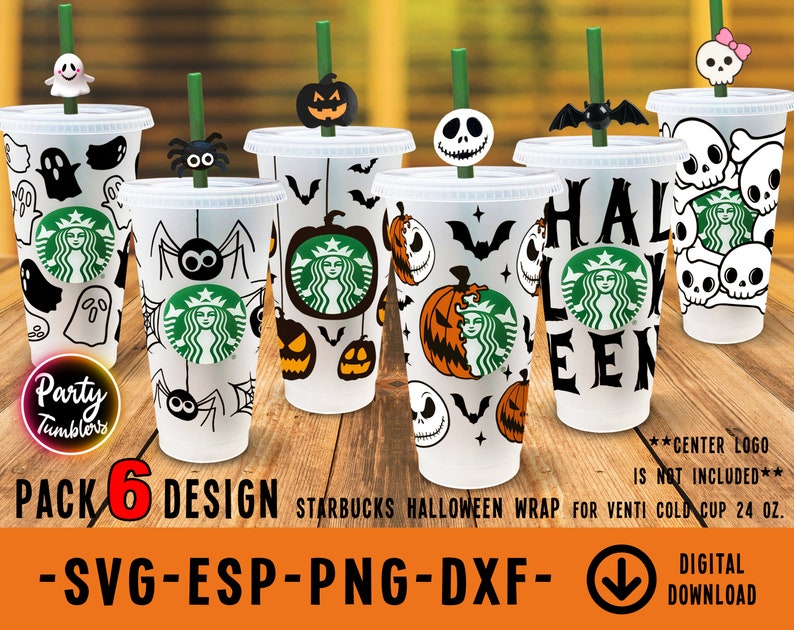 Peut inclure: Six designs diff&eacute;rents pour des emballages Starbucks Halloween pour un gobelet froid Venti de 24 oz. Les designs pr&eacute;sentent divers th&egrave;mes d'Halloween, notamment des fant&ocirc;mes, des araign&eacute;es, des citrouilles, des chauves-souris et des cr&acirc;nes. Le texte "HALLOWEEN" figure sur l'un des designs. Le texte "PACK 6 DESIGN" est &eacute;galement inclus dans l'image.