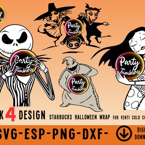 K&ouml;nnte beinhalten: Ein Set mit vier digitalen Designs in Schwarzwei&szlig;, die Figuren aus dem Film Nightmare Before Christmas zeigen. Die Designs beinhalten Jack Skellington, Sally, Oogie Boogie und den B&uuml;rgermeister. Die Designs sind f&uuml;r einen 24 oz. Starbucks-Kaltgetr&auml;nkebecher.