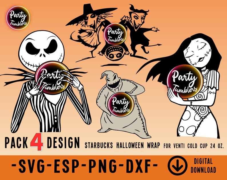 K&ouml;nnte beinhalten: Ein Set mit vier digitalen Designs in Schwarzwei&szlig;, die Figuren aus dem Film Nightmare Before Christmas zeigen. Die Designs beinhalten Jack Skellington, Sally, Oogie Boogie und den B&uuml;rgermeister. Die Designs sind f&uuml;r einen 24 oz. Starbucks-Kaltgetr&auml;nkebecher.