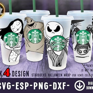 K&ouml;nnte beinhalten: Set mit vier Starbucks-Becherummantelungen mit Halloween-Charakteren. Die Ummantelungen sind f&uuml;r einen 24 oz Venti-Kaltbecher konzipiert. Die abgebildeten Charaktere sind Sally aus Nightmare Before Christmas, Jack Skellington aus Nightmare Before Christmas, Oogie Boogie aus Nightmare Before Christmas und eine schwarz-wei&szlig;e Silhouette von Jack Skellington. Die Ummantelungen sind mit einem Starbucks-Logo und einem gr&uuml;nen Starbucks-Logo bedruckt.