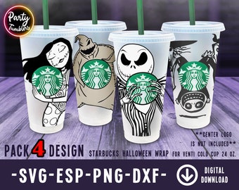 Paquete de SVG de envoltura completa de Halloween, SVG de envoltura completa de Jack y Sally, paquete de taza fría Venti de temporada espeluznante, vaso Venti Wrap Svg, descarga digital