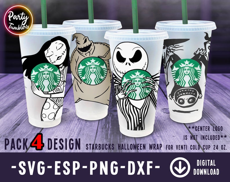 K&ouml;nnte beinhalten: Set mit vier Starbucks-Becherummantelungen mit Halloween-Charakteren. Die Ummantelungen sind f&uuml;r einen 24 oz Venti-Kaltbecher konzipiert. Die abgebildeten Charaktere sind Sally aus Nightmare Before Christmas, Jack Skellington aus Nightmare Before Christmas, Oogie Boogie aus Nightmare Before Christmas und eine schwarz-wei&szlig;e Silhouette von Jack Skellington. Die Ummantelungen sind mit einem Starbucks-Logo und einem gr&uuml;nen Starbucks-Logo bedruckt.