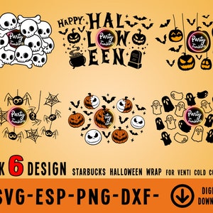 Peut inclure: Un ensemble de six motifs sur le th&egrave;me d'Halloween pour les emballages de gobelets froids Starbucks. Les motifs repr&eacute;sentent des cr&acirc;nes, des araign&eacute;es, des citrouilles, des fant&ocirc;mes et des chauves-souris. Le texte "HAPPY HALLOWEEN" est pr&eacute;sent&eacute; sur l'un des motifs. Les motifs sont disponibles aux formats SVG, ESP, PNG et DXF.