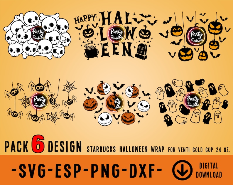 Peut inclure: Un ensemble de six motifs sur le th&egrave;me d'Halloween pour les emballages de gobelets froids Starbucks. Les motifs repr&eacute;sentent des cr&acirc;nes, des araign&eacute;es, des citrouilles, des fant&ocirc;mes et des chauves-souris. Le texte "HAPPY HALLOWEEN" est pr&eacute;sent&eacute; sur l'un des motifs. Les motifs sont disponibles aux formats SVG, ESP, PNG et DXF.