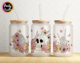 Skeleton Face Seamless Libbey Glass 16oz Glass Can , Skulls And Flowers 16oz Glass Can Wrap Png , Sublimation Design, PNG ,Digital Downloads