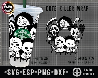 Lindo envoltorio SVG de Starbucks de película de terror, vaso frío Venti de envoltura completa de Halloween de 24 oz SVG, personaje de terror SVG, archivo digital, archivo SVG para Cricut