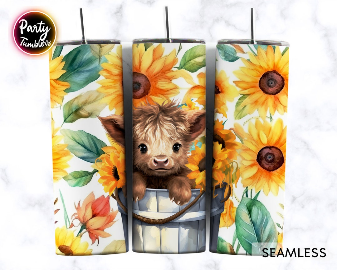 Baby Highland Cow Tumbler Wrap , Highland Cow Sunflowers Seamless Png ...