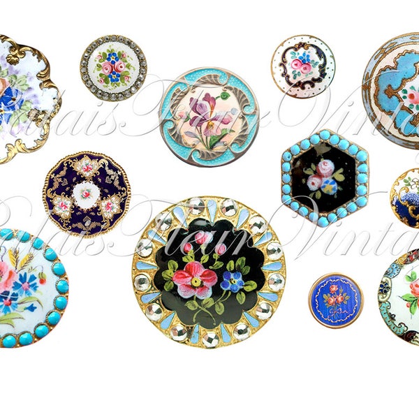 Vintage Floral Buttons Individual PNG files + JPG Digital Collage Sheet Antique Enamel Buttons Victorian Clip Art Set 2 PalaisFleurVintage