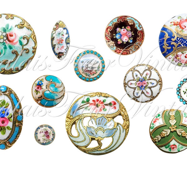 fichiers PNG individuels de boutons floraux vintage + feuille de collage numérique JPG, boutons en émail antique, chute victorienne Clip Art PalaisFleurVintage