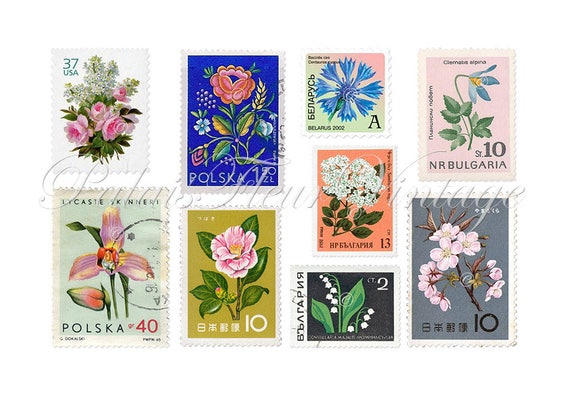 Vintage Floral Postage Stamps Set, Digital PNG Files, Antique