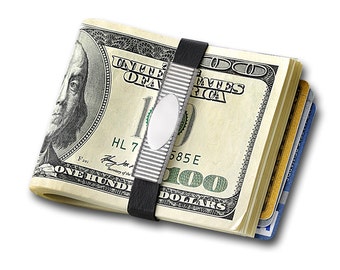 Classic Sterling Silver Pinstripe Design Elastic Money Band with Silver Plate, FREE Engraving Available GB1225 -