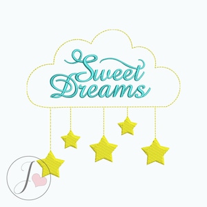 Pode incluir: Uma nuvem amarela com o texto "Sweet Dreams" em escrita cursiva azul. Cinco estrelas amarelas penduradas na nuvem.