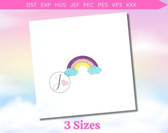 May include: A colorful rainbow embroidery design with a purple, yellow, and pink arc and blue clouds. The design is perfect for adding a touch of whimsy to any project.
