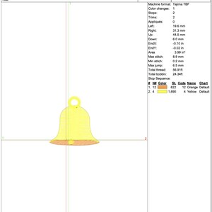 Puede incluir: Una hoja de trabajo de producci&oacute;n digital para un dise&ntilde;o de bordado de una campana amarilla con una base naranja. El documento incluye especificaciones t&eacute;cnicas como una altura de 5,05 cm, un ancho de 5,08 cm, 2313 puntadas y dos colores.